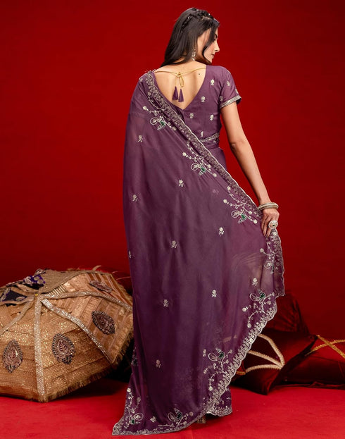 Vasthrlay Georgette Embroidery Unstitched Maroon Saree