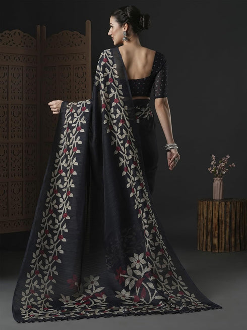 Vasthrlay Botanical Printed Unstitched Black Hs Ethnic Wear