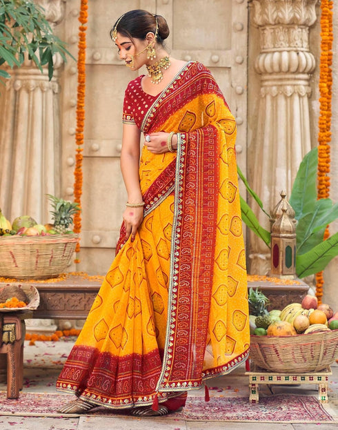 Vasthrlay Georgette Embroidery Yellow And Red Saree With Unstitched Blouse Piece