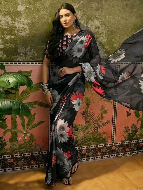 Vasthrlay Georgette Printed Black Saree With Black Unstitched Blouse Piece