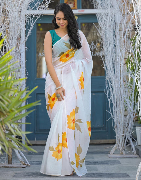 Vasthrlay Womens Printed White Saree With Blue Unstitched Blouse Piece