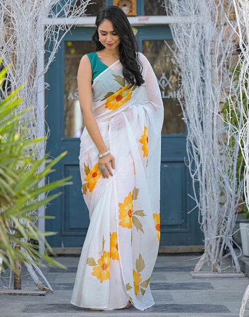 Vasthrlay Womens Printed Unstitched Off White Saree