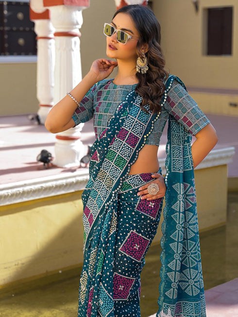 Vasthrlay Georgette Printed Navy Navy Blue Saree