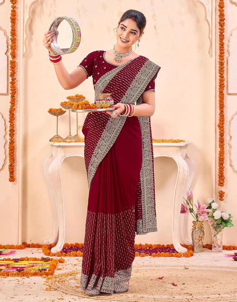 Vasthrlay Womens Embroidered Unstitched Maroon Saree