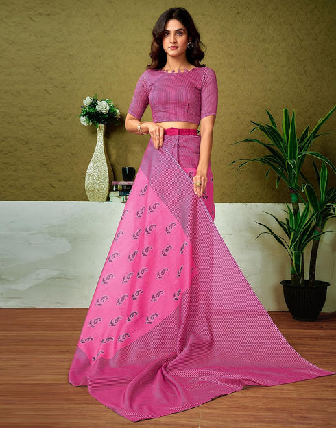 Vasthrlay Chanderi Printed Pink Saree With Unstitched Blouse Piece