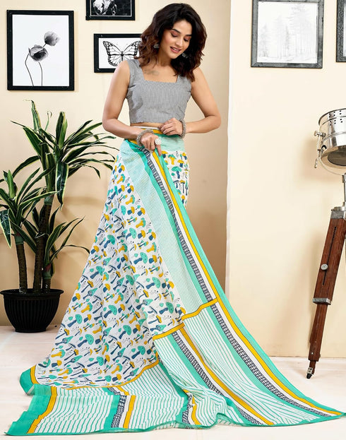 Vasthrlay Womens Printed Unstitched White Saree