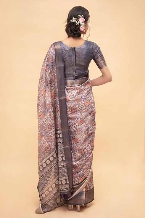 Vasthrlay Mauve Abstract Print Polyester Saree With Antique Zari Border And Unstitched Blouse Piece