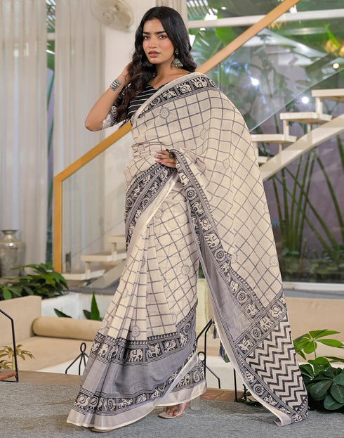 Vasthrlay Womens Printed Unstitched Beige Saree