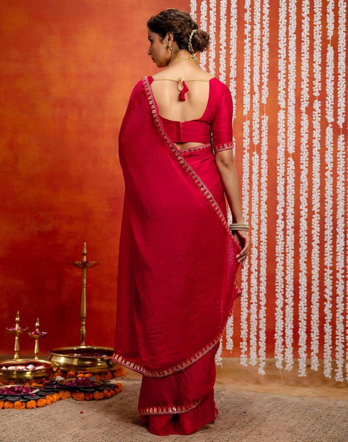 Vasthrlay Sequence Embroidery Unstitched Red Saree