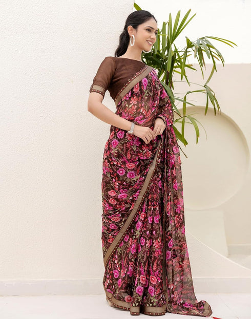 Vasthrlay Chiffon Tassels Unstitched Dark Green Saree
