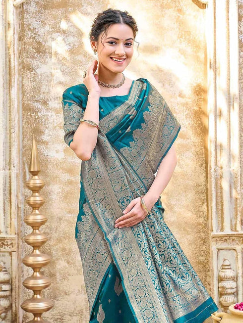 Vasthrlay Banarasi Weaving Mint Saree