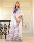 Vasthrlay Womens Printed White And Blue Saree With Unstitched Blouse Piece