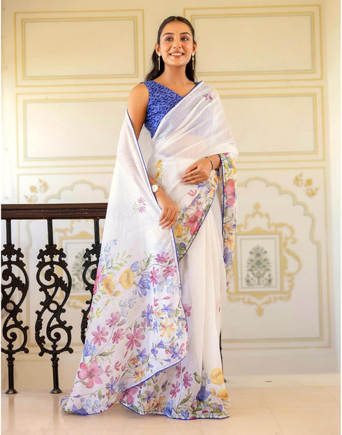 Vasthrlay Womens Printed Unstitched White Saree