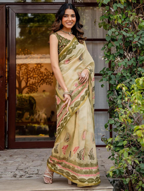 Vasthrlay Womens Printed Unstitched Multicolor Saree