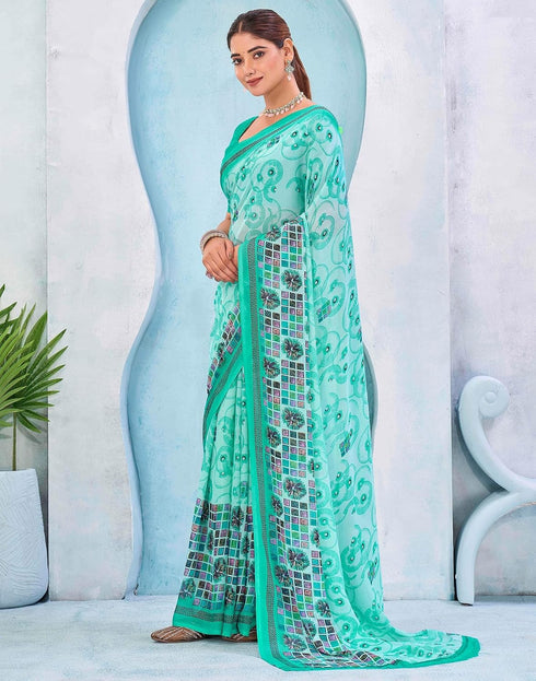 Vasthrlay Georgette Bandhani Turquoise Saree With Unstitched Blouse Piece