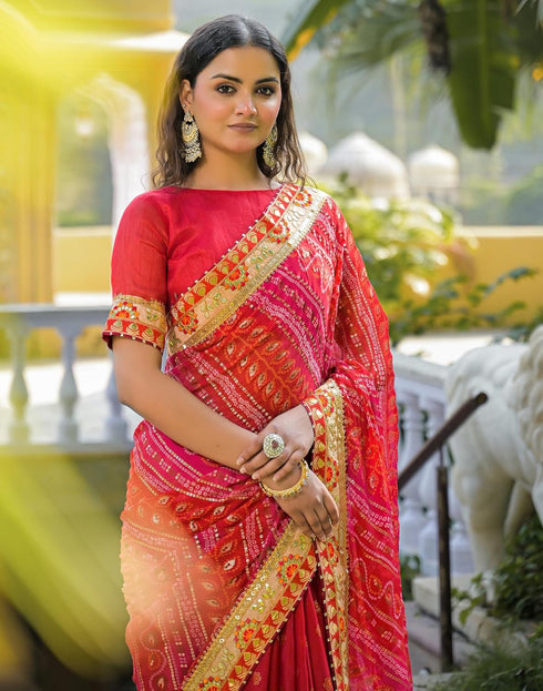Vasthrlay Bandhani Embroidery Unstitched Pink Saree