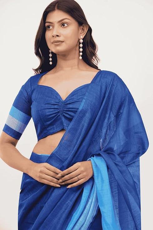 Vasthrlay Blue Striped | Floral | Solid Print Design Linen Saree With Solid Unstitched Linen Blouse Piece