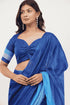 Vasthrlay Blue Striped | Floral | Solid Print Design Linen Saree With Solid Unstitched Linen Blouse Piece