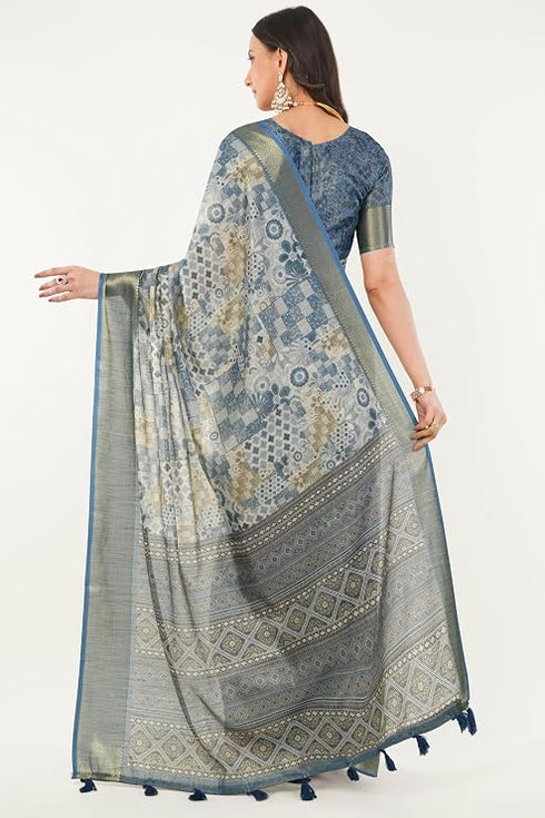 Vasthrlay Slate Blue Patchwork Print Polyester Saree With Zari Border And Unstitched Blouse Piece