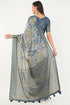 Vasthrlay Slate Blue Patchwork Print Polyester Saree With Zari Border And Unstitched Blouse Piece