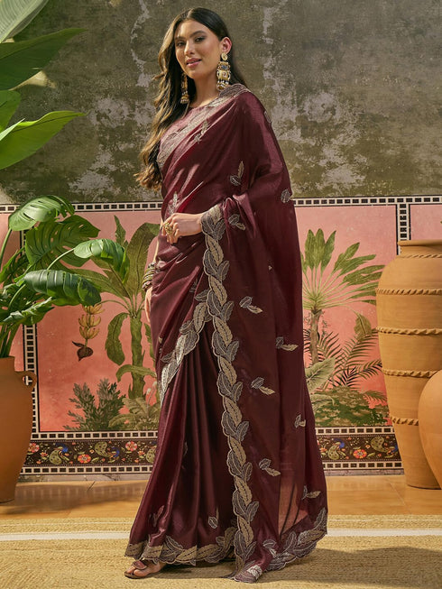 Vasthrlay Georgette Embroidery Unstitched Maroon Saree