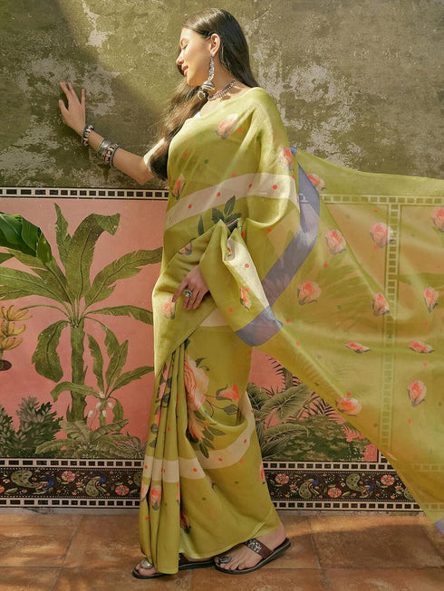 Vasthrlay Shimmer Printed Unstitched Lime Green Saree