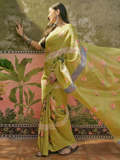 Vasthrlay Shimmer Printed Light Green Saree With Off-White Unstitched Blouse Piece