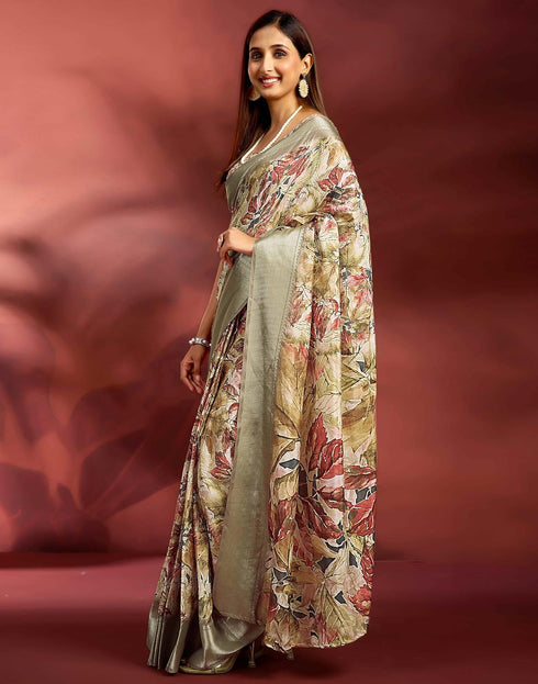 Vasthrlay Printed Jacquard Unstitched Rama Green Saree