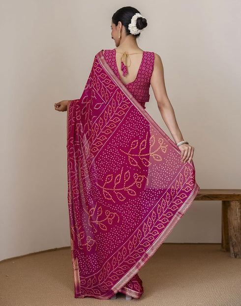 Vasthrlay Georgette Bandhani Pink Saree With Unstitched Blouse Piece