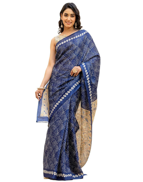 Vasthrlay Bandhani Printed Dark Blue Saree With Unstitched Blouse Piece