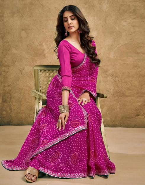 Vasthrlay Georgette Bandhani Unstitched Rani Pink Saree
