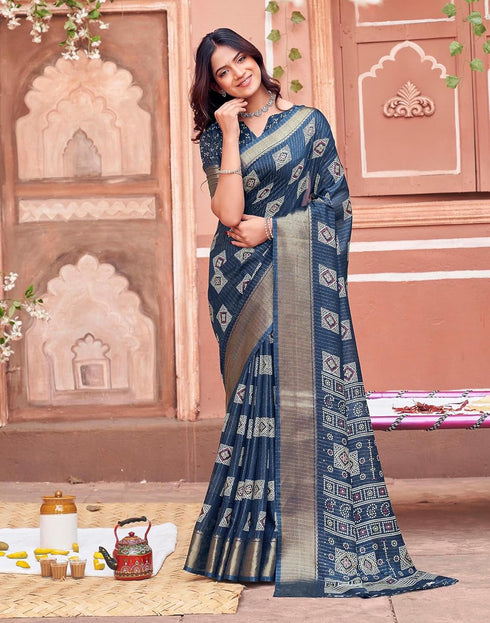 Vasthrlay Womens Printed Unstitched Navy Blue Saree