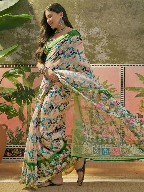 Vasthrlay Womens Printed Unstitched Beige Saree