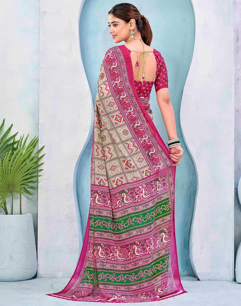 Vasthrlay Georgette Bandhani Pink Saree With Unstitched Blouse Piece