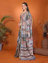 Vasthrlay Brown Linen Floral | Striped | Check Design Printed Saree With Solid Unstitched Linen Blouse Piece