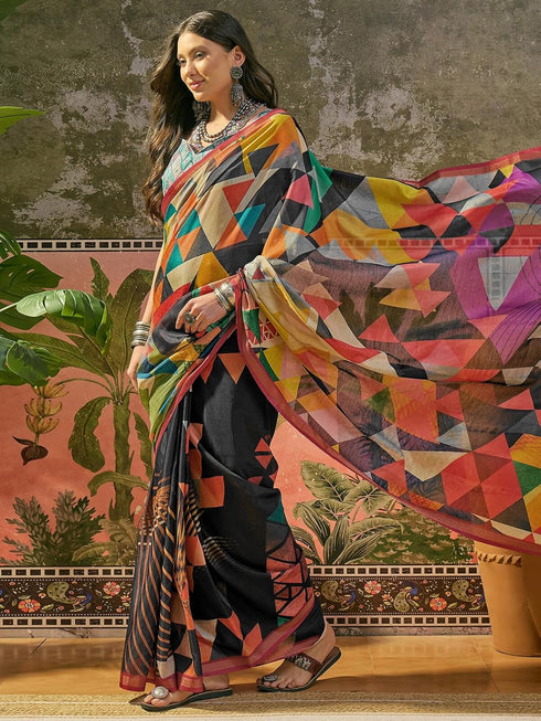 Vasthrlay Geometric Printed Unstitched Black Saree