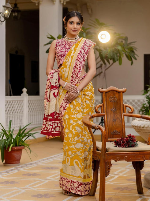 Vasthrlay Kalamkari Printed Olive Saree