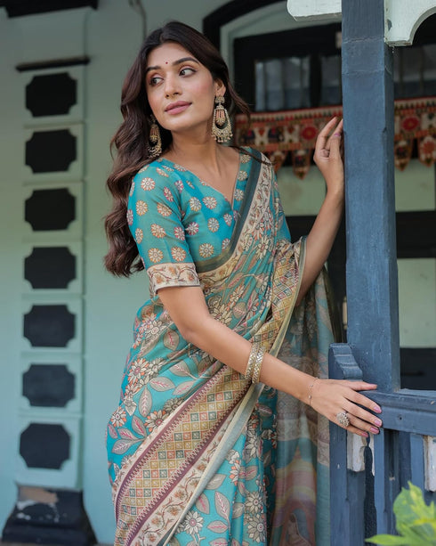 Vasthrlay Handloom Turquoise Paisley Saree