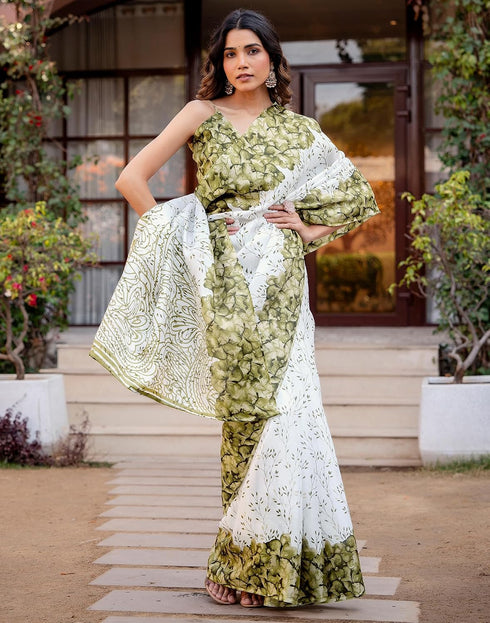 Vasthrlay Womens Printed White | Light Green Saree With Unstitched Blouse Piece