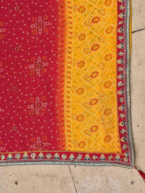 Vasthrlay Georgette Embroidery Yellow And Red Border Saree With Unstitched Blouse Piece