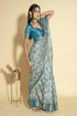 Vasthrlay Silver Grey Geometric Triangle Print Polyester Saree With Muted Gold Zari Border And Teal Blue Ruched Unstitched Blouse Piece