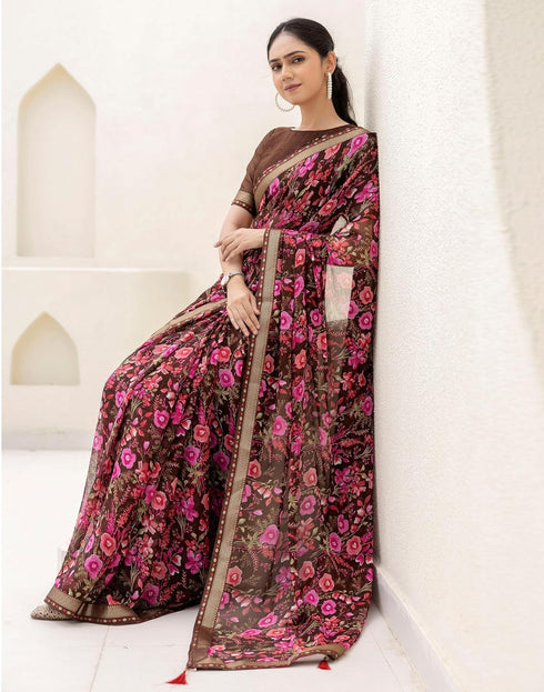 Vasthrlay Chiffon Tassels Unstitched Dark Green Saree