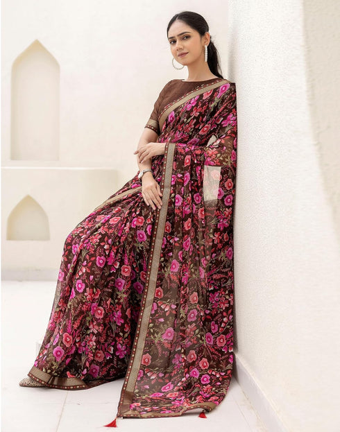 Vasthrlay Chiffon Tassels Dark Brown Saree With Unstitched Blouse Piece