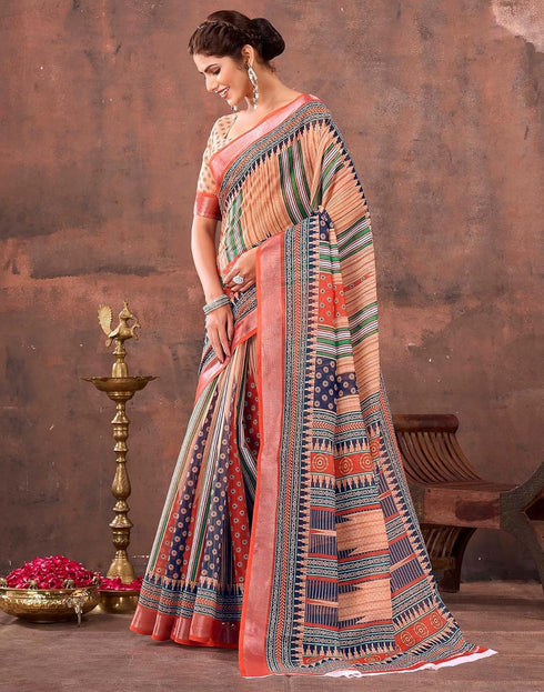 Vasthrlay Special Printed Multicolor Saree With Unstitched Blouse Piece