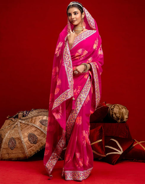 Vasthrlay Bandhani Embroidery Unstitched Orange Saree
