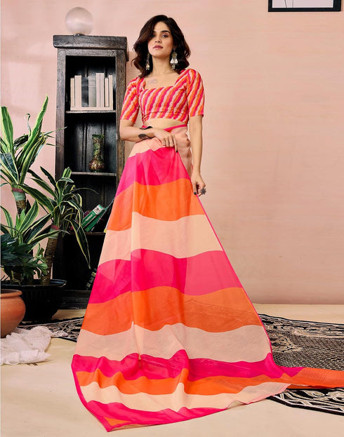 Vasthrlay Chanderi Printed Orange And Pink Saree With Unstitched Blouse Piece