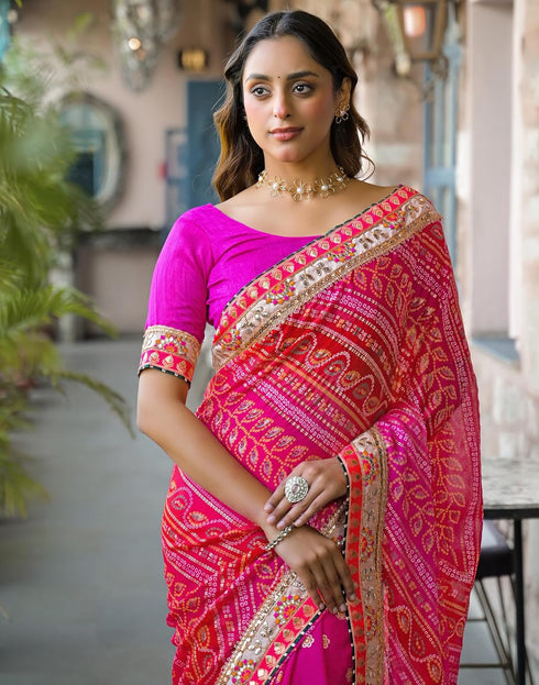 Vasthrlay Bandhani Embroidery Unstitched Pink Saree