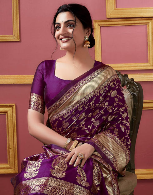 Vasthrlay Banarasi Jacquard Unstitched Yellow Saree