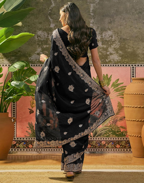 Vasthrlay Scalloped Embroidery Black Saree With Unstitched Blouse Piece