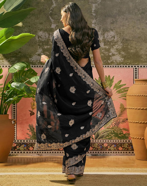 Vasthrlay Scalloped Embroidery Unstitched Maroon Saree